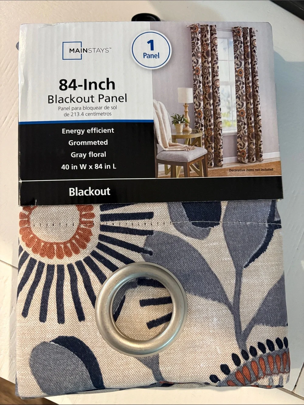 Mainstays Gray Floral Blackout Curtain Panel with Rust and Navy Accents